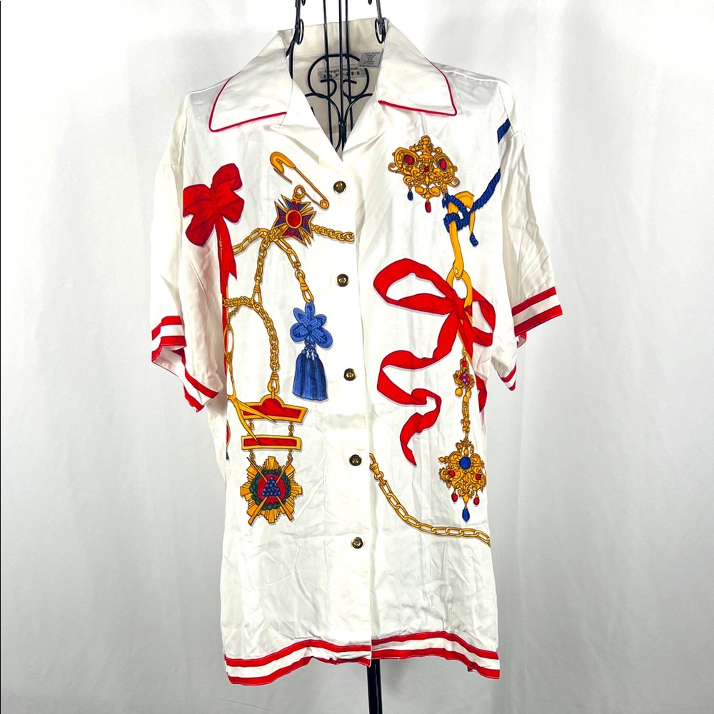 VINTAGE 90’s EXPRESS Women’s Button Up Shirt XS Sailor Design Short Sleeve